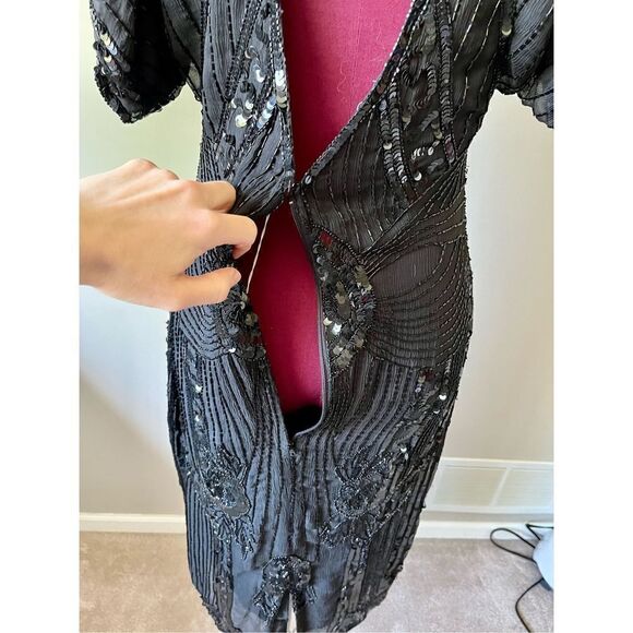 Lillie Rubin Vintage Art Deco Black Silk Beaded Sequined Cocktail Dress Short Sl - Picture 7 of 15
